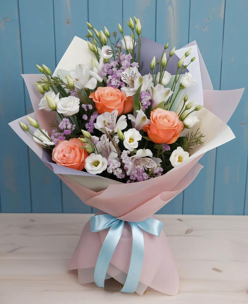 Букет цветов из: Лизиантусы, Розы, Альстромерии и Гипсофила в Заозерном