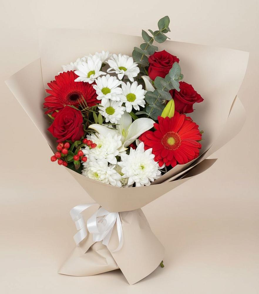 Букет цветов из: Розы, Хризантемы, Герберы и Лилии в Заозерном